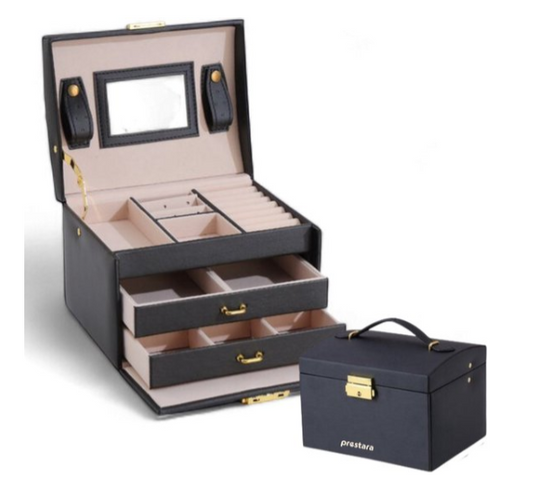 Ceruzo Schmuckkästchen mit Spiegel -Schmuckkästchen- Schwarz-PU-Leder-3 Schichten-Kompaktes Format-17,5 x 14 x 13 cm-Schmuckkästchen