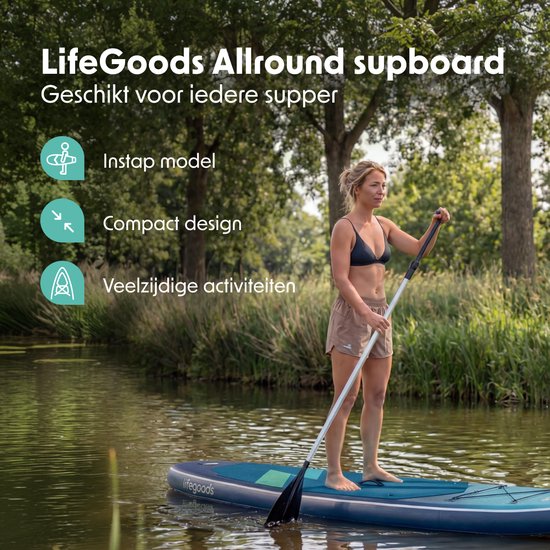 LifeGoods SUP-Board Allround Compact – 100 kg Tragkraft – 300 x 76 cm – Aufblasbar – Komplettes SUP-Set – Blau/Grün