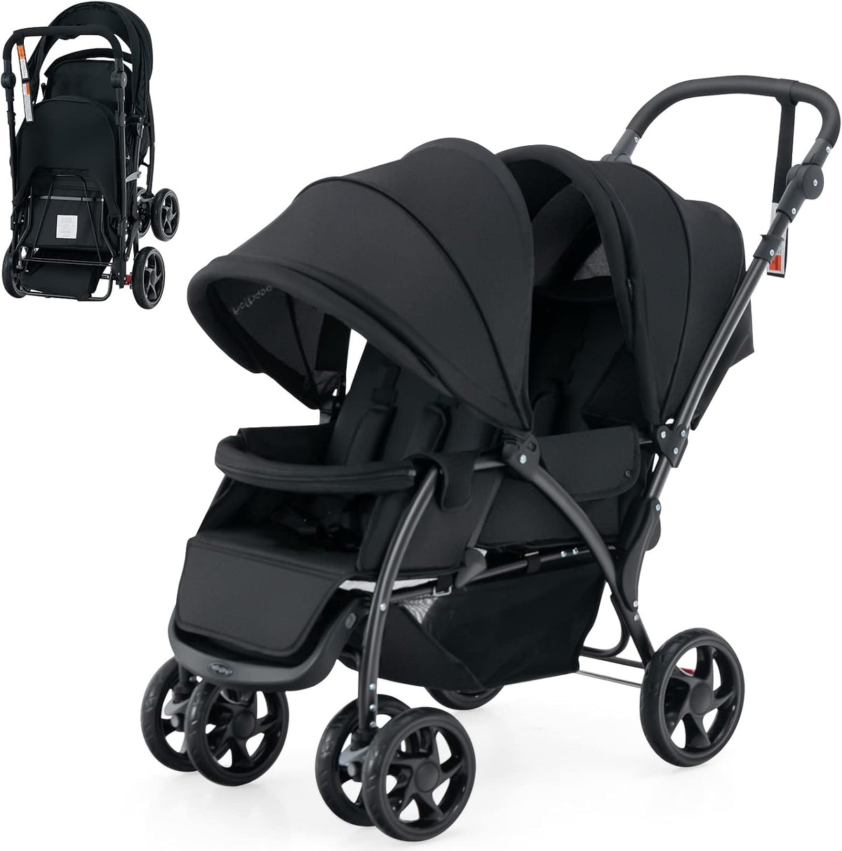 Coast Tandem-Kinderwagen für zwei Kinder – zusammenklappbar mit verstellbarer Rückenlehne – schwarz – Metall