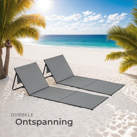tectake Strandmatte - Set aus 2 faltbaren Liegematten mit verstellbarer Rückenlehne, Tragegurt und Staufach - Ideal für Strand, Camping oder Garten - Leicht und pflegeleicht - Grau