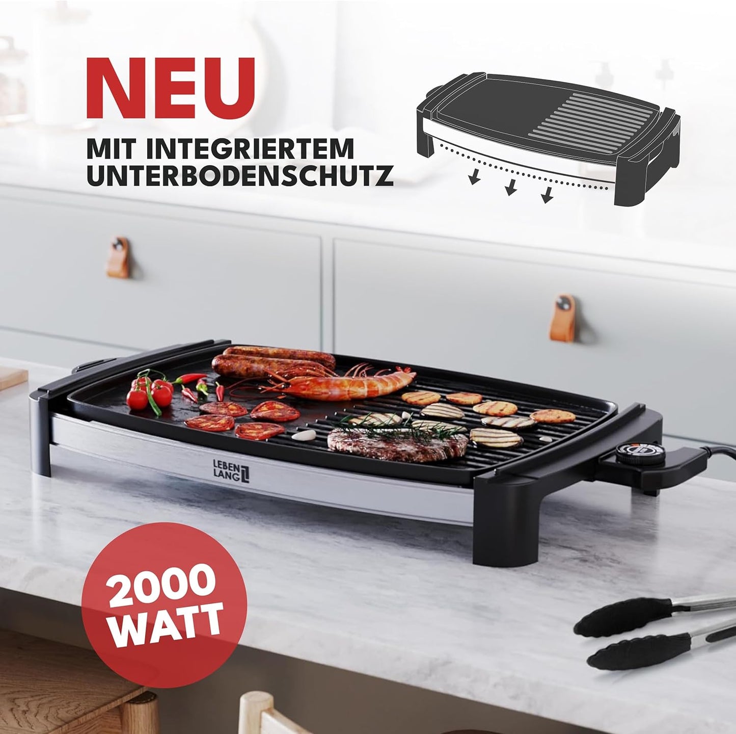 LEBENLANG - Elektrogrillplatte - inkl. Fettauffangschale - Für 8 Personen - drinnen und draußen - 1800W - Schwarz