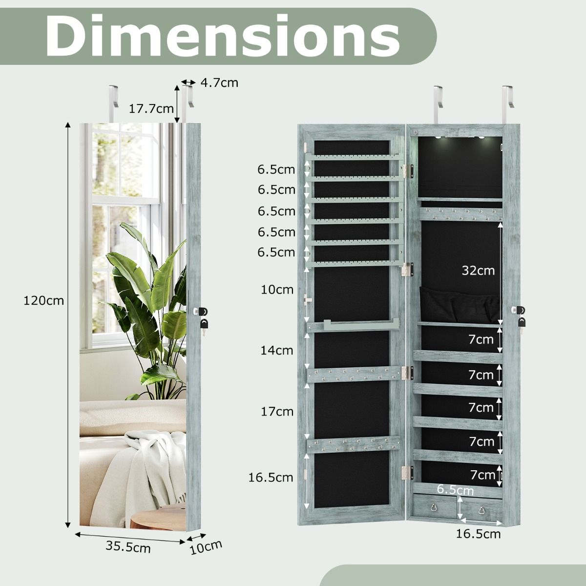 Coast Schmuckschrank mit LED-Beleuchtung – abschließbarer Spiegelschrank – ausklappbares Schminktablett – grün – 120 x 35,5 x 10 cm