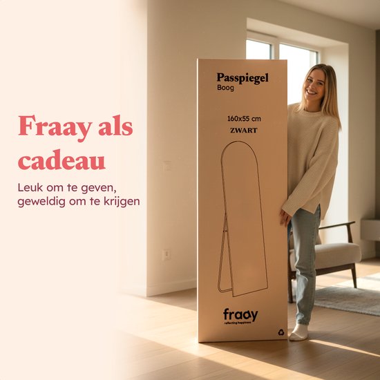 Fraay Passpiegel 160 x 55 cm – zum Aufstellen und Aufhängen – gehärtetes Glas – minimalistischer Wandspiegel – Standspiegel – schwarz