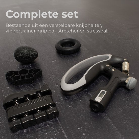 Handtrainerset - 5-teilig - 10 bis 100 KG - Digitaler Zähler - Hand-, Unterarm-, Handgelenks- & Fingertrainer - Stressball, Squeephalter, Stretcher & Grip Ball