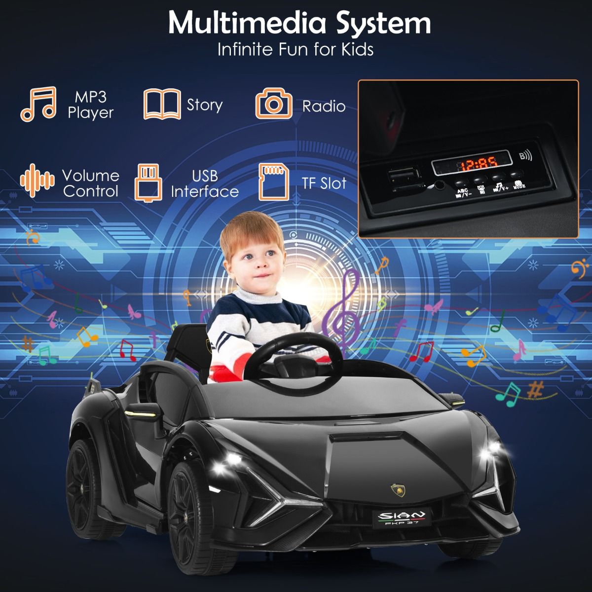 Coast Elektro-Kinderauto – 2,4-GHz-Fernbedienung – LED-Scheinwerfer und Musik – schwarz