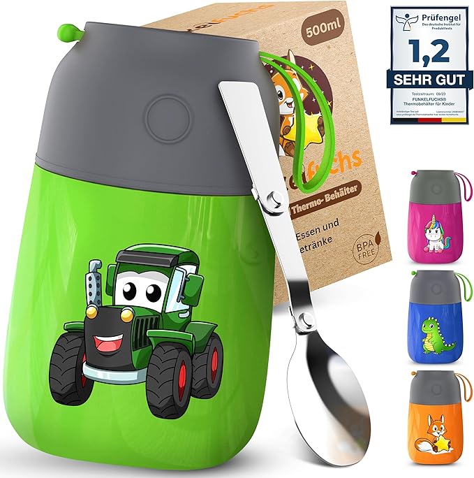 Funkelfuchs® Thermobecher für Kinderkost - 500ml, grüner Abzug - 100% auslaufsicher - Essenswärmer aus Edelstahl - Thermobecher Essen - Thermo-Lunchbox Kinder - Babykostwärmer