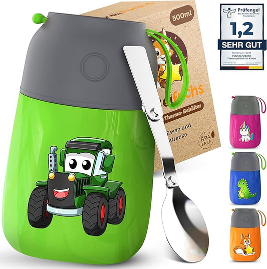 Funkelfuchs® Thermobecher für Kinderkost - 500ml, grüner Abzug - 100% auslaufsicher - Essenswärmer aus Edelstahl - Thermobecher Essen - Thermo-Lunchbox Kinder - Babykostwärmer