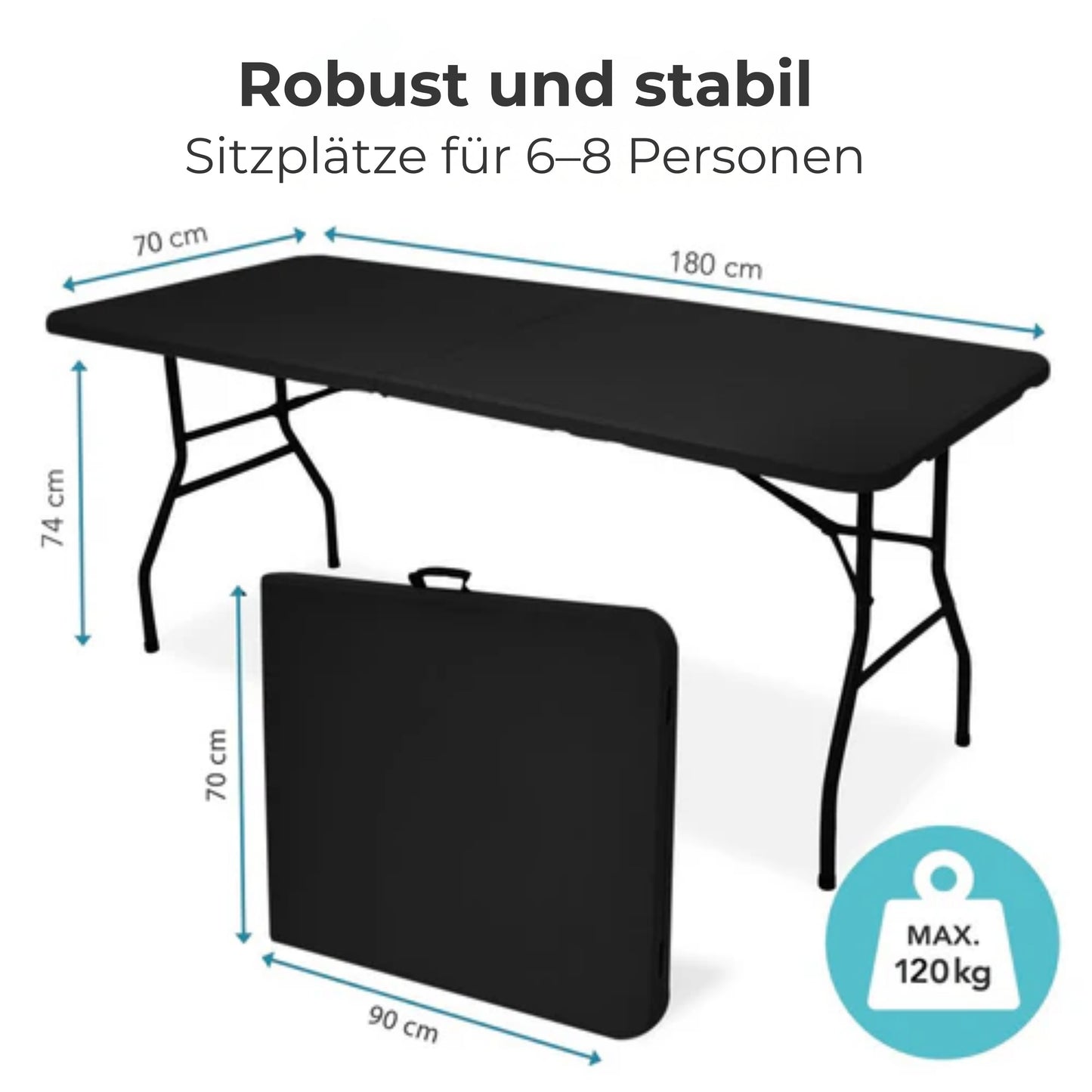 LifeGoods Zusammenklappbarer Tisch - 70x180cm - Verstellbarer und stabiler Klapptisch - Wetterfest - Outdoor-Klapptisch - Schwarz