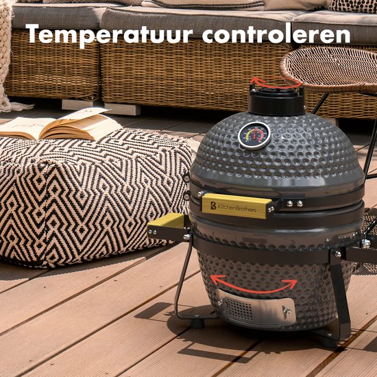 KitchenBrothers Kamado BBQ - 13 Zoll Holzkohlegrill - 27⌀ cm - PFAS-frei - Deluxe Set - Eiergrill mit Zubehör inklusive Abdeckung - Grau