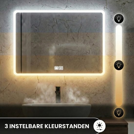 Bayt Badezimmerspiegel - Badezimmerspiegel mit Beleuchtung - Wandspiegel - 3 LED Positionen - Anti-Beschlag - 75x52 cm