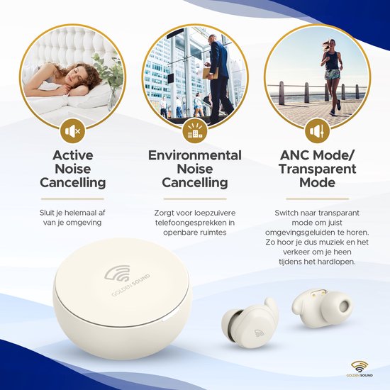 Golden Sound Schlaf-Ohrstöpsel – Kabellose Ohrstöpsel – Kabellose Ohrhörer – Sleep Plugs – Aktive Geräuschunterdrückung 24 dB – Schlaf-Ohrstöpsel – Für jeden Laptop und jedes Smartphone geeignet – Weiß