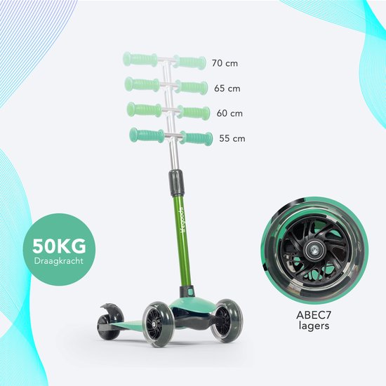 LifeGoods Kinder-Tretroller – Für 2–5-Jährige – 3 leuchtende LED-Räder – Höhenverstellbar – Jungen/Mädchen – Münzgrün