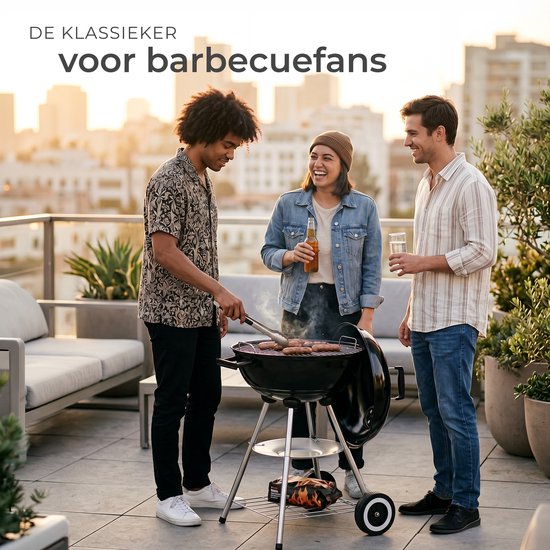 tectake® Holzkohlegrill – Kugelgrill – Grillplatte Ø 41,5 cm – Grill mit 2 Rädern – Smoker mit Deckel – rund – schwarz – Metall