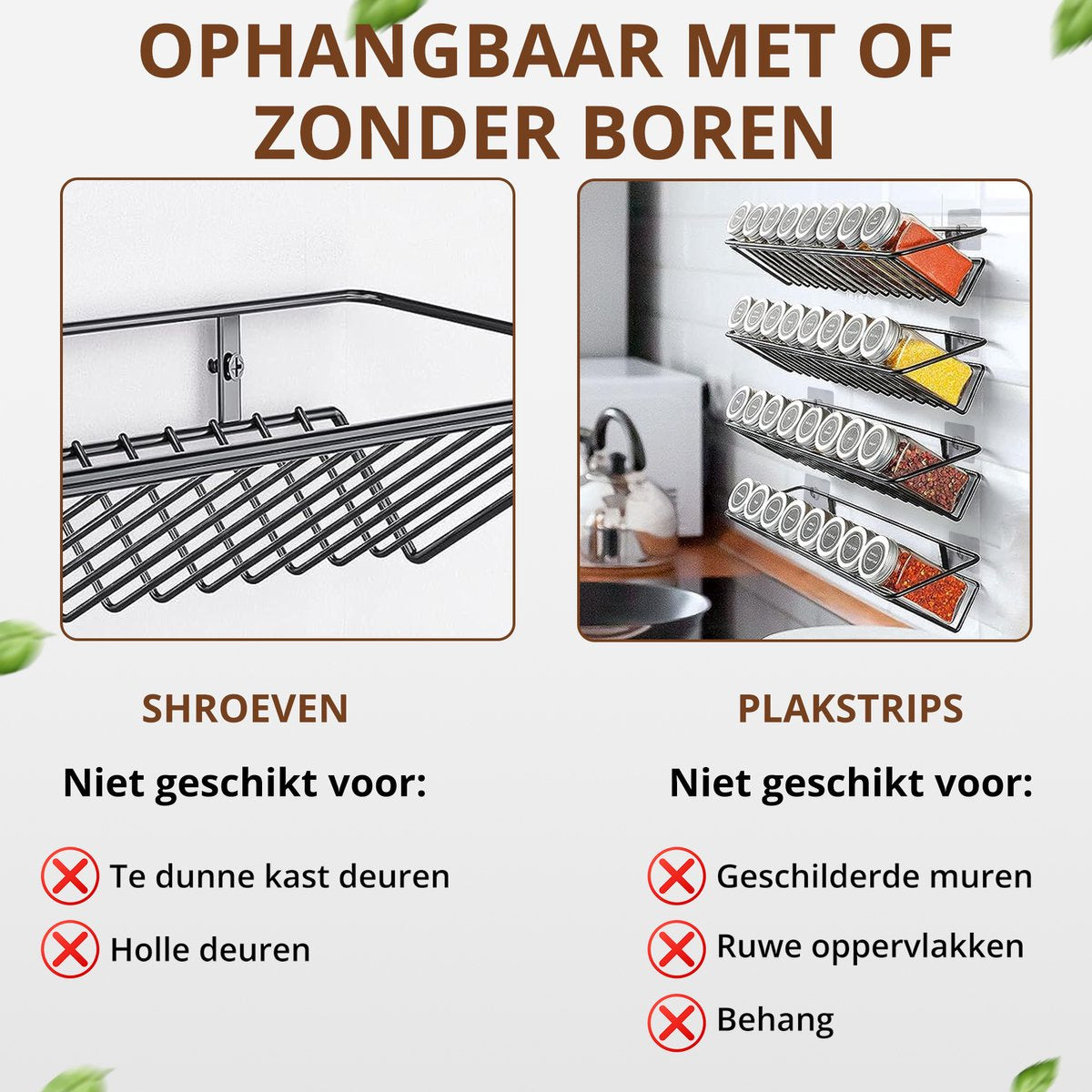 SV Living Gewürzregal Schwarz 37,3x11,9x6 cm - 32 Glasgewürzdosen mit Zubehör - Aufhängbar mit oder ohne Bohrer