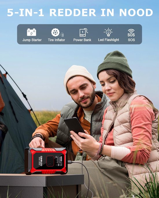 GOOLOO A3 – Tragbarer Starthilfe-Akku mit Kompressor und Powerbank – 3000 A – 12-V-Fahrzeuge – USB-Schnellladung – Kompaktes Design – LED-Taschenlampe – Für Auto, Motorrad und Boot