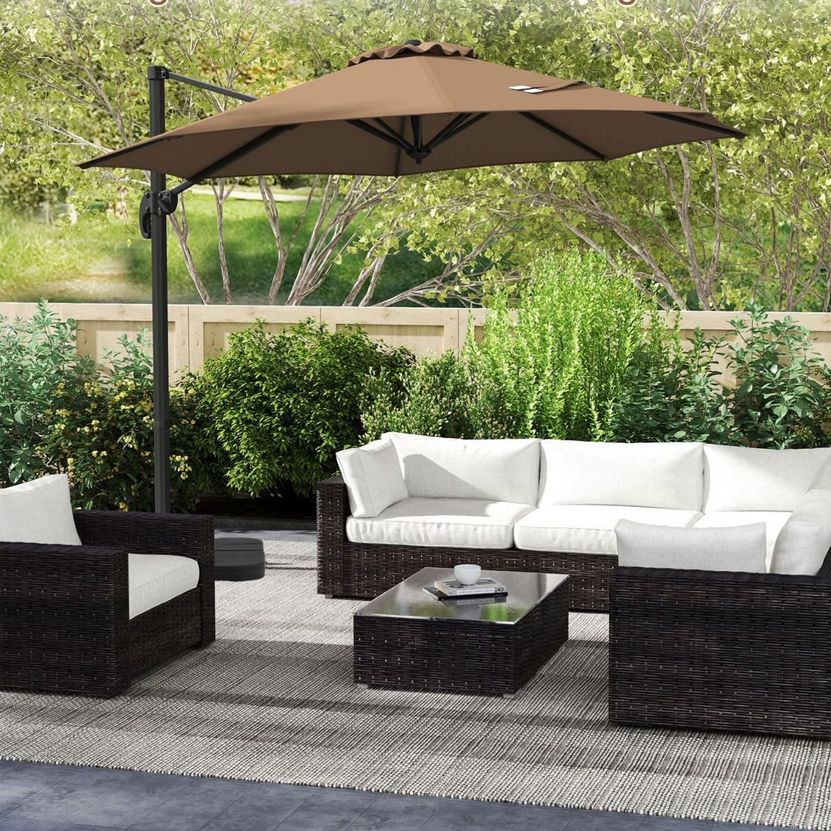 Coast Runder Schwebesonnenschirm – 5-fach verstellbar – um 360° drehbar – Aluminiumstange – 308 x 248 cm – braun