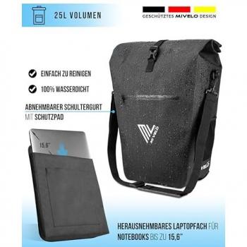 MIVELO Fahrradtasche - 100% wasserdicht - Mit Laptopfach - 25L - 43 x 33 x 5 cm - Carbon