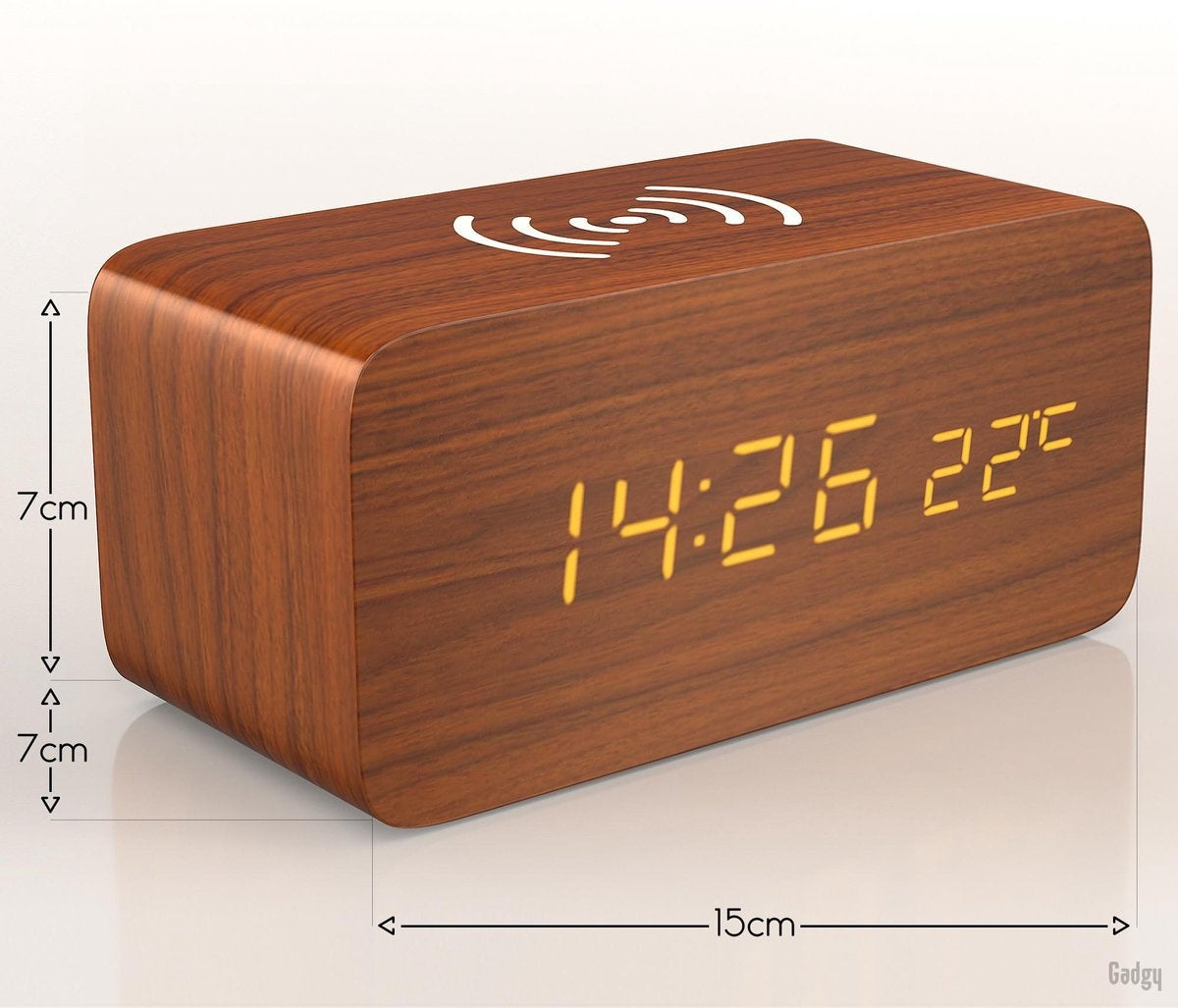 Gadgy Digitaler Wecker mit drahtlosem Ladegerät - Wecker aus Holz - Tischuhr - Wecker mit Temperatur, Datum und Uhrzeit