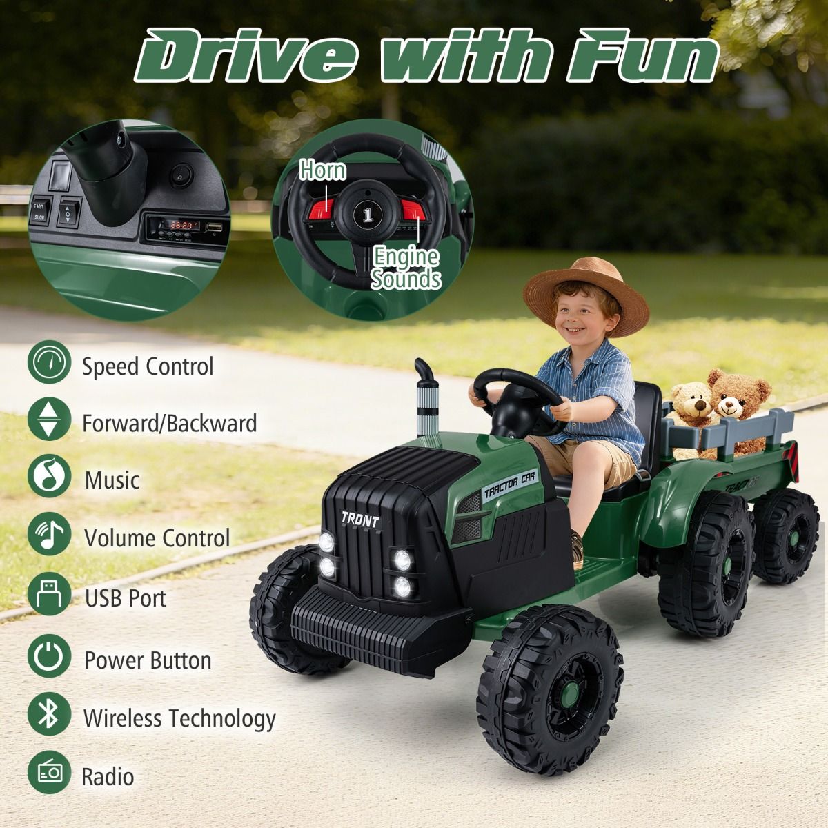 Coast Elektrischer Kindertraktor mit Anhänger – Doppelmotor – Fernbedienung – Dunkelgrün