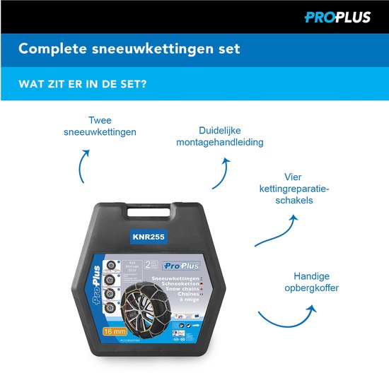 ProPlus Schneeketten – KNR255 – 16 mm Stahlglieder - Önorm-Gütesiegel – Sicherheit – Reifen – Schnelle und einfache Montage – Für verschiedene Reifengrößen – Inklusive Reparaturglieder und Aufbewahrungskoffer – 2er-Set – 4x4-Fahrzeug – Minivan, SUV/MPV