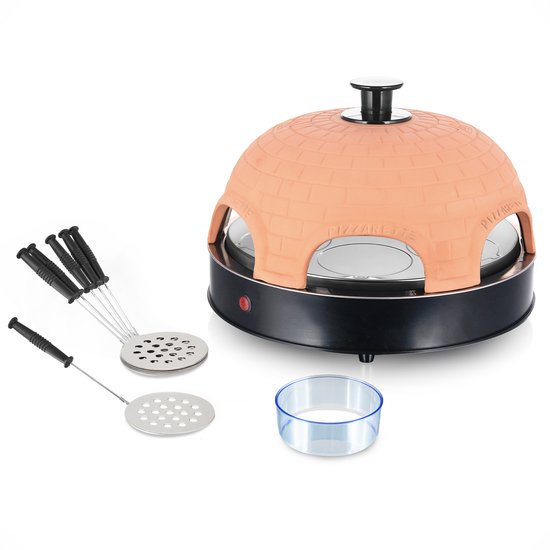 Emerio Pizzarette Original - 6-Personen-Pizzaofen - Handgefertigte Terrakotta-Kuppel - 6 isolierte Backspatel - Edelstahl-Backplatte - Gourmet-Set mit Cool Touch Kuppel - PO-115984 1200W
