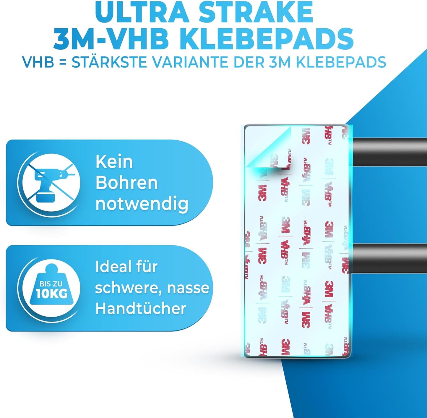 LOBUX® - Handtuchhalter ohne bohren schwarz – 80cm, Edelstahl rostfrei – Handtuchhalter Bad doppelt, selbstklebend – Handtuchstange, Badetuchhalter inkl. 2 Handtuchhaken – Badezimmer, Duschwand, Küche