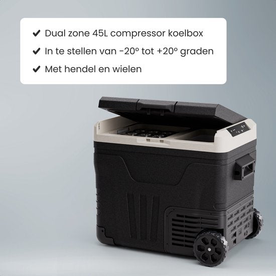 Auronic Electric Cool Box - Kompressor - 2 Zonen - 45L - 12/24V und 240V - Kühlen und Gefrieren - Campingkühlschrank - Frigobox Auto - Mit Rädern und Griff - Schwarz
