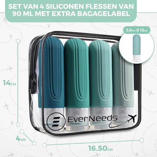 EverNeeds Reiseflaschen mit Etui - Nachfüllbar - Silikon-Reiseflaschen Handgepäck - Minze - 4 Stück