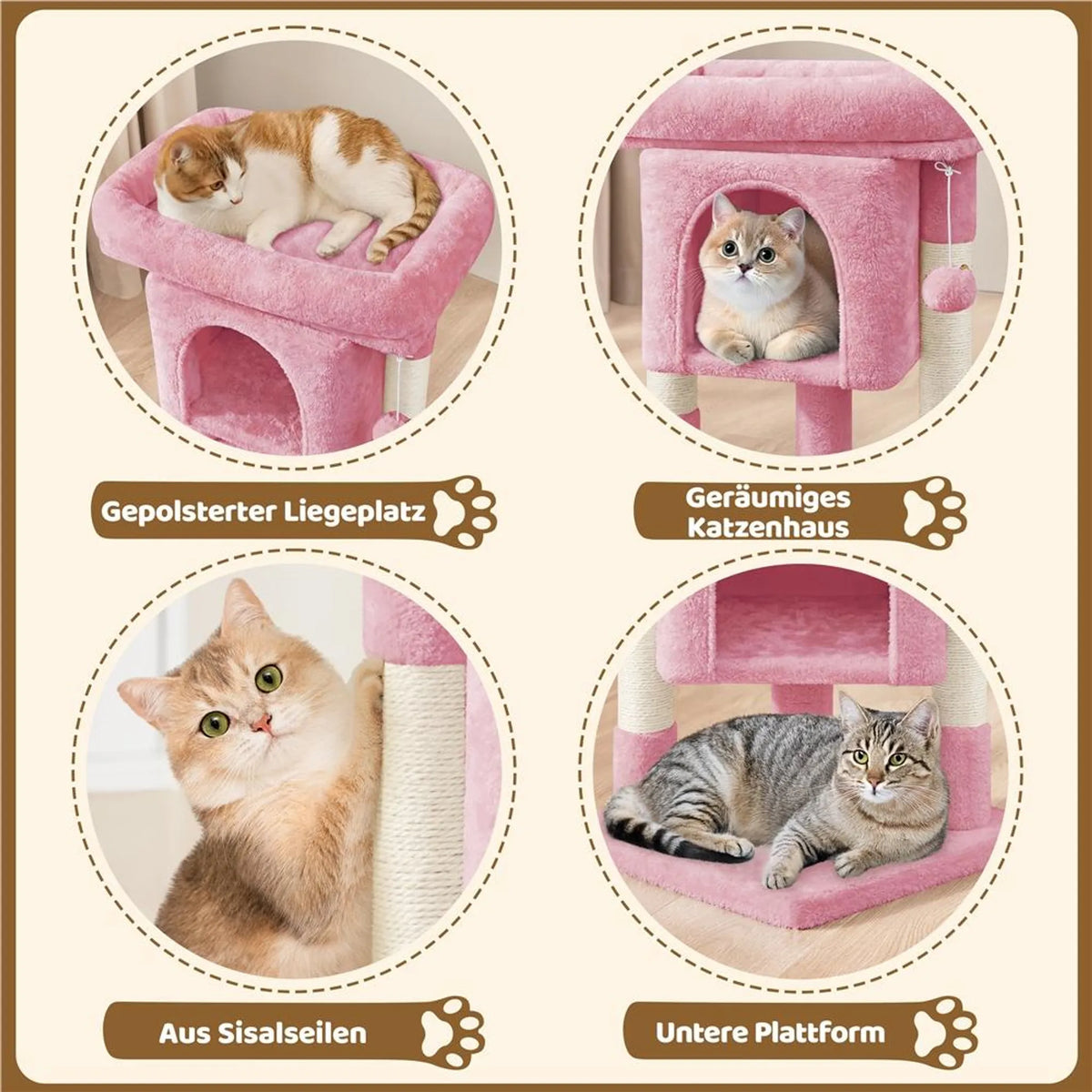 Yaheetech Kratzbaum mit Hängematte - ausgestattet mit gemütlicher Katzenhöhle und zwei Sisalpfosten und weichem Liegeplatz - für Kätzchen und kleine Katzen - hellrosa Plüsch und Sisal - 40,5 x 40,5 x 59 cm
