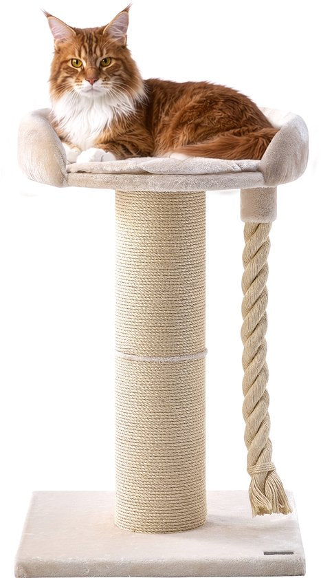 Jake und Jacky Kratzbaum für große Katzen mit Korb – mit Spielseil – Natur/Creme – 57 x 57 x 90 cm – Ø Sisal-Kratzbaum 20 cm