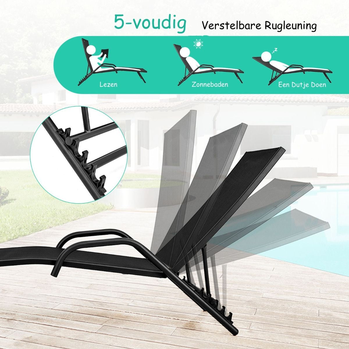 Coast 2 Set aus 5 verstellbaren Terrassenstühlen mit atmungsaktivem Stuhl für draußen schwarz