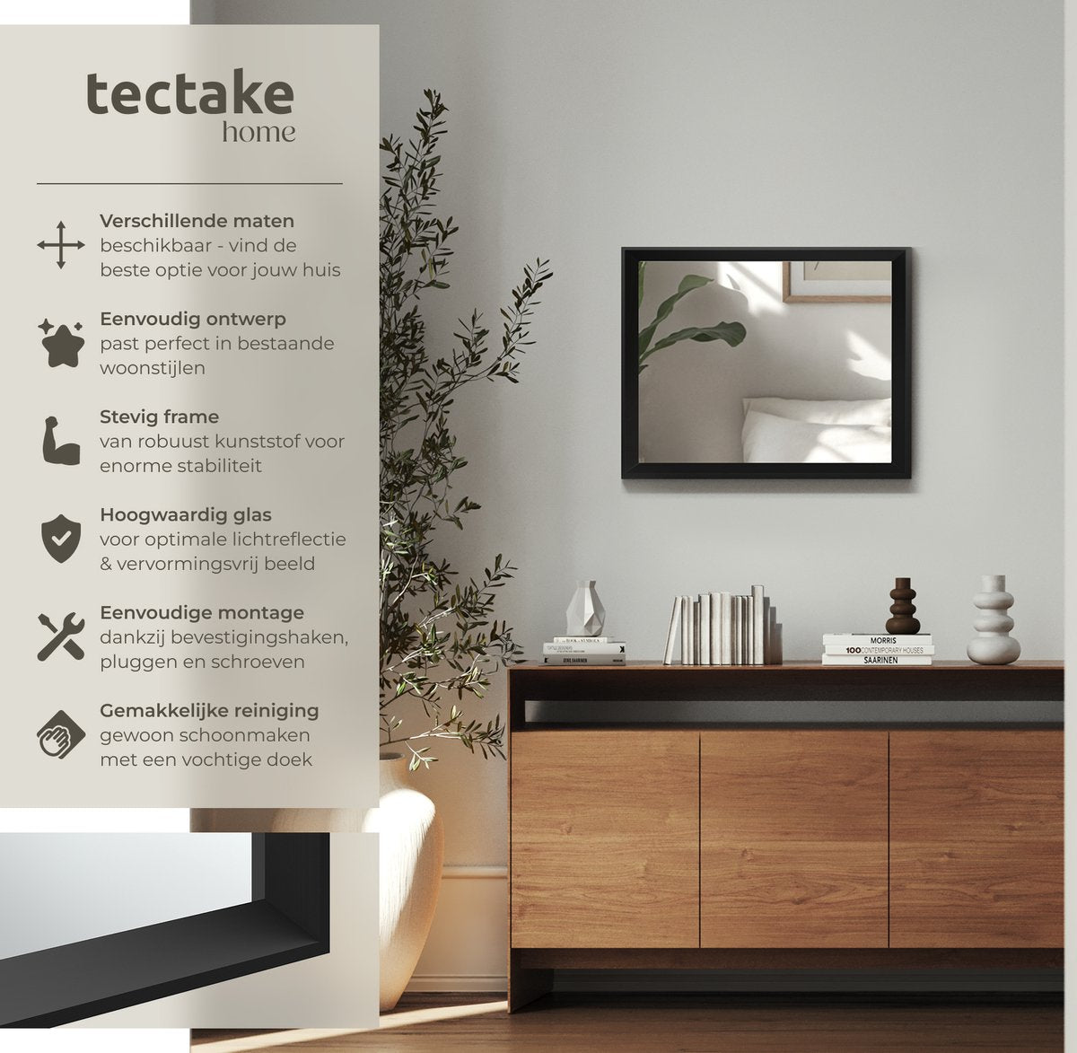 tectake® Wandspiegel Elina - 40,6 x 50,8 cm - Schwarz - Rechteckiger Kunststoffrahmen
