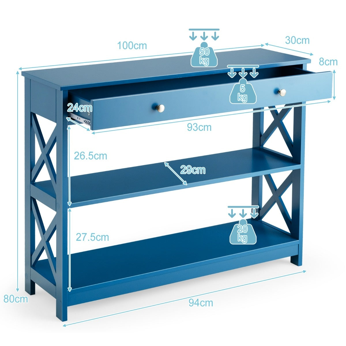 Coast 3 NIVEAS CONSOL TABLE WITH TRAY & 2 Regale und X-förmige Beine blau