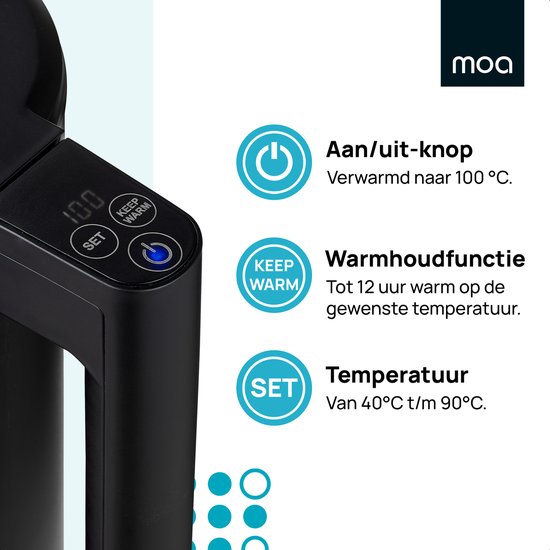MOA Wasserkocher - Mit Temperaturkontrolle - 1,7 Liter - Doppelwandig - Warmhaltefunktion - Elektrisch - 2200W - Schwarz