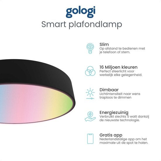 Gologi Smart Ceiling Lamp Black - Deckenleuchten - LED RGB - Industrial - Deckenleuchte - Schlafzimmer & Wohnzimmer - Deckenleuchte schwarz - 30cm