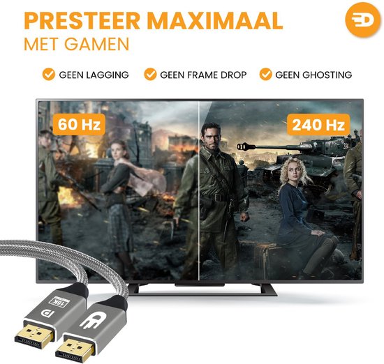 Drivv. DisplayPort-Kabel 2.1 - 16K 60Hz - 8K 120Hz - 4K 144Hz - 80Gbps - DisplayPort zu DisplayPort - DP-Kabel - 2 Meter - Grau