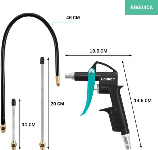 VONROC PRO Druckluftpistole - Ausblaspistole - Inkl. 3 Zusatzdüsen - Geeignet für Kompressor und Druckluft - 10 bar - Universal EURO/DIN 7,2mm Kupplung