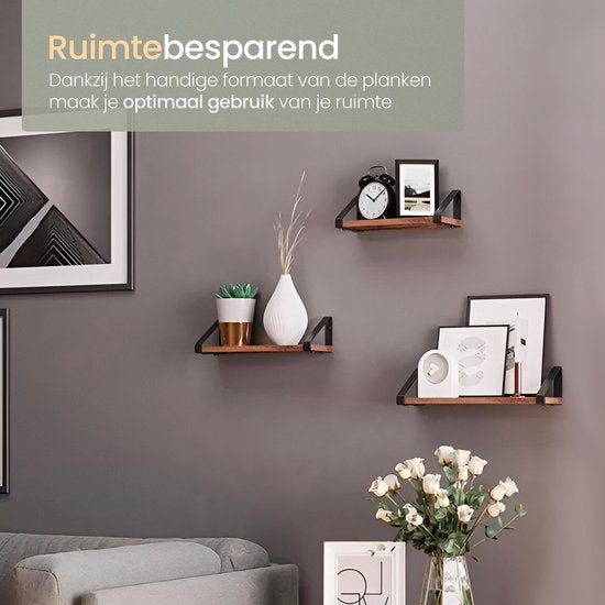 O'DADDY® Schweberegale - Wandregal - Vintage Design - Wandregal - Holzregale für die Wand - Bücherregal - Wandregale & Racks - 3 Stück - Braunes Holz - Schwarzes Metall