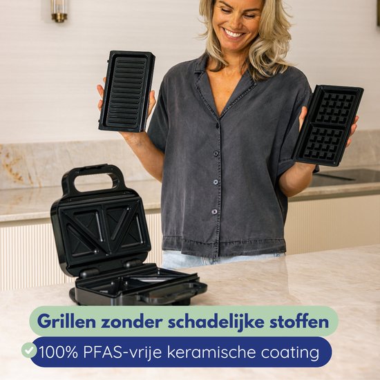 Safecourt Kitchen Toaster - 3-in-1 Toaster, Waffeleisen & Kontaktgrill - PFAS-frei - Spülmaschinenfest - Kompakt - Schnell heiß - Schwarz