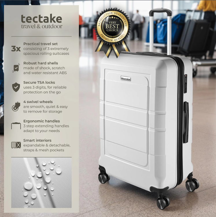 tectake Brice Kofferset, 3-teilig – L, M & S – ABS – 360°-Rollen – TSA-Schloss – Weiß