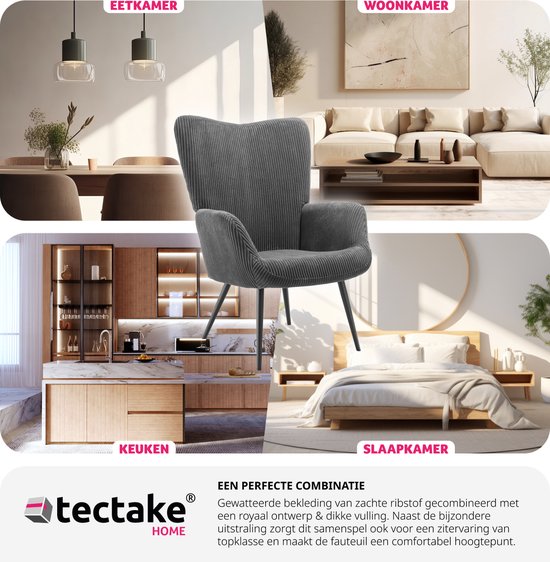 tectake Ohrensessel im skandinavischen Stil - Cord Hygge - Sessel für Wohnzimmer, Schlafzimmer - Loungesessel - Schwarze Metallbeine - Belastbarkeit bis 150 kg - Grau