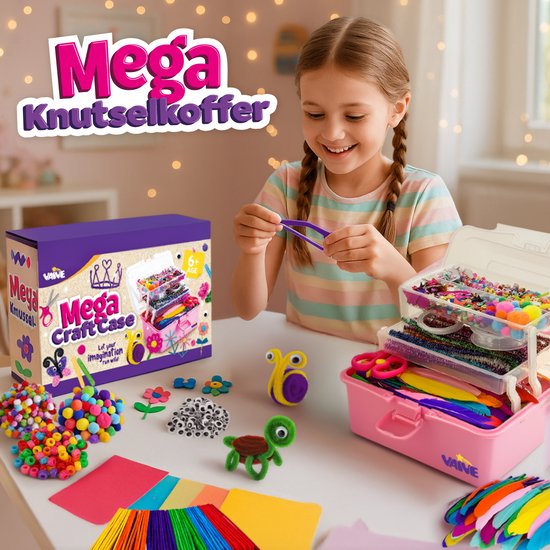 Vaive Bastelkoffer 1432-teilig - Crafting Girls - Perlen, Federn, Pompons & Wackelaugen - Bastelset - Bastelbedarf - Bastelpackungen