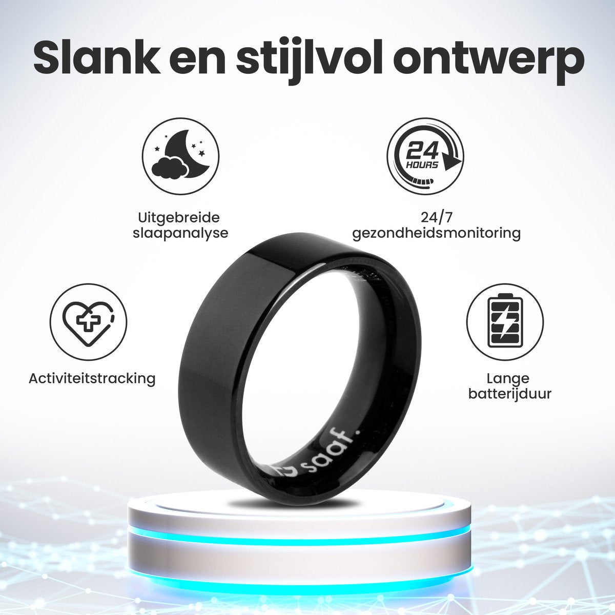 Saaf Smart Ring - Schwarz - Größe 8 - Schlanker Activity Tracker für Frauen und Männer