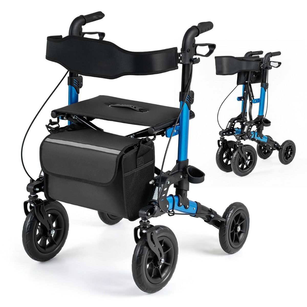 Coast Faltbarer Rollator für Senioren – Sitz mit Netzrückenlehne – Große Räder und Stockhalter – blau