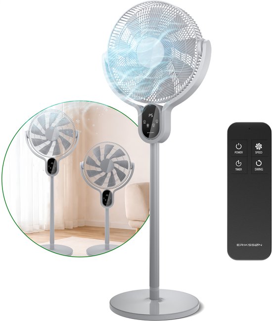 Erikssøn Standventilator – Leise und leistungsstark, 45 W – 8 Geschwindigkeitsstufen – Verstellbar – Standventilator – Grau