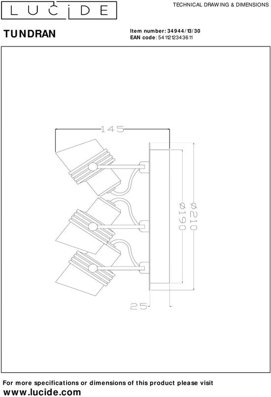 Lucide TUNDRAN – Deckenstrahler (Deckenleuchte) – Ø 21 cm – 3xGU10 – Schwarz