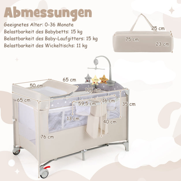 Coast Beistellbett - 5 in 1 - Rollen - Inkl. Matratze - 125 x 65 x 76 cm - Beige