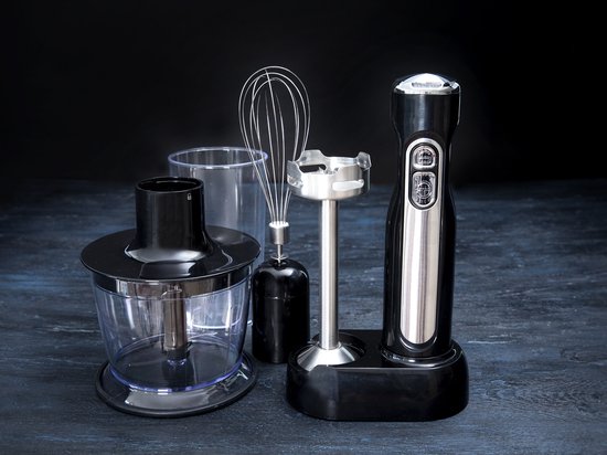 Gastronoma Stabmixer-Set – Kabellos und wiederaufladbar – 100 W – Zerkleinerer, Schneebesen und Messbecher – 18210002 – Schwarz, Edelstahl