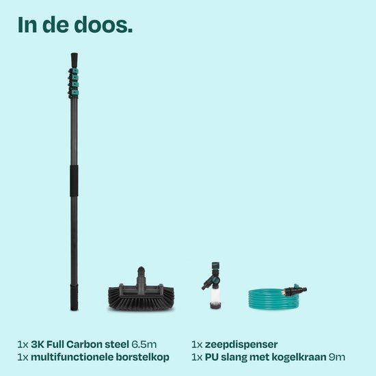 VONROC PRO 3K Vollcarbon-Teleskop-Waschbürste – 6,5 m – inkl. 5-flächigem Bürstenkopf, 9 m Wasserschlauch und Seifenspender