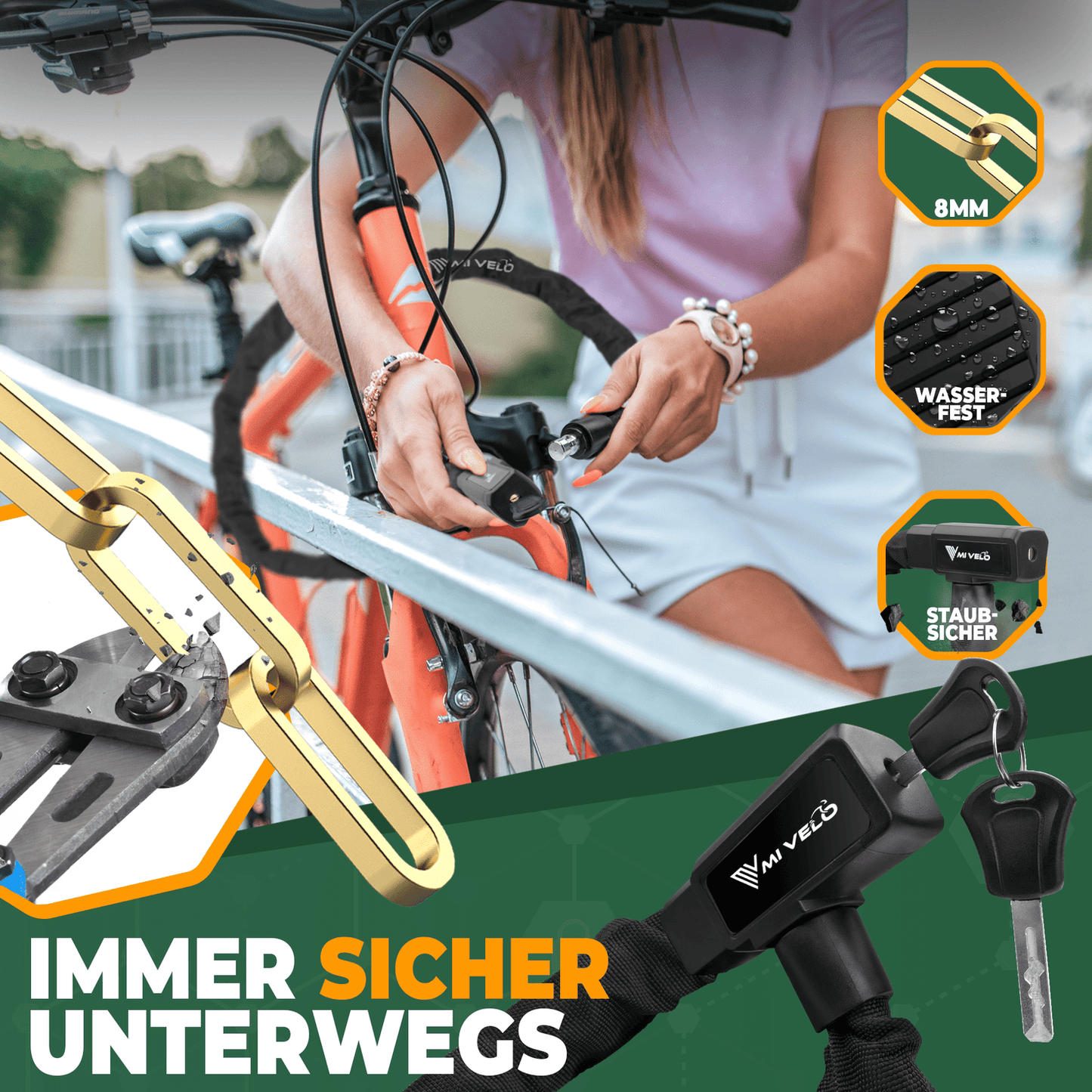 MIVELO Fahrradkette - Mit Schlüsselschloss - 85 cm - Stahl - Schwarz